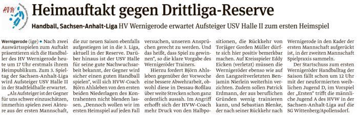 Volksstimme Vorbericht zum 1. Wernigeröder Handballtag der Saison
